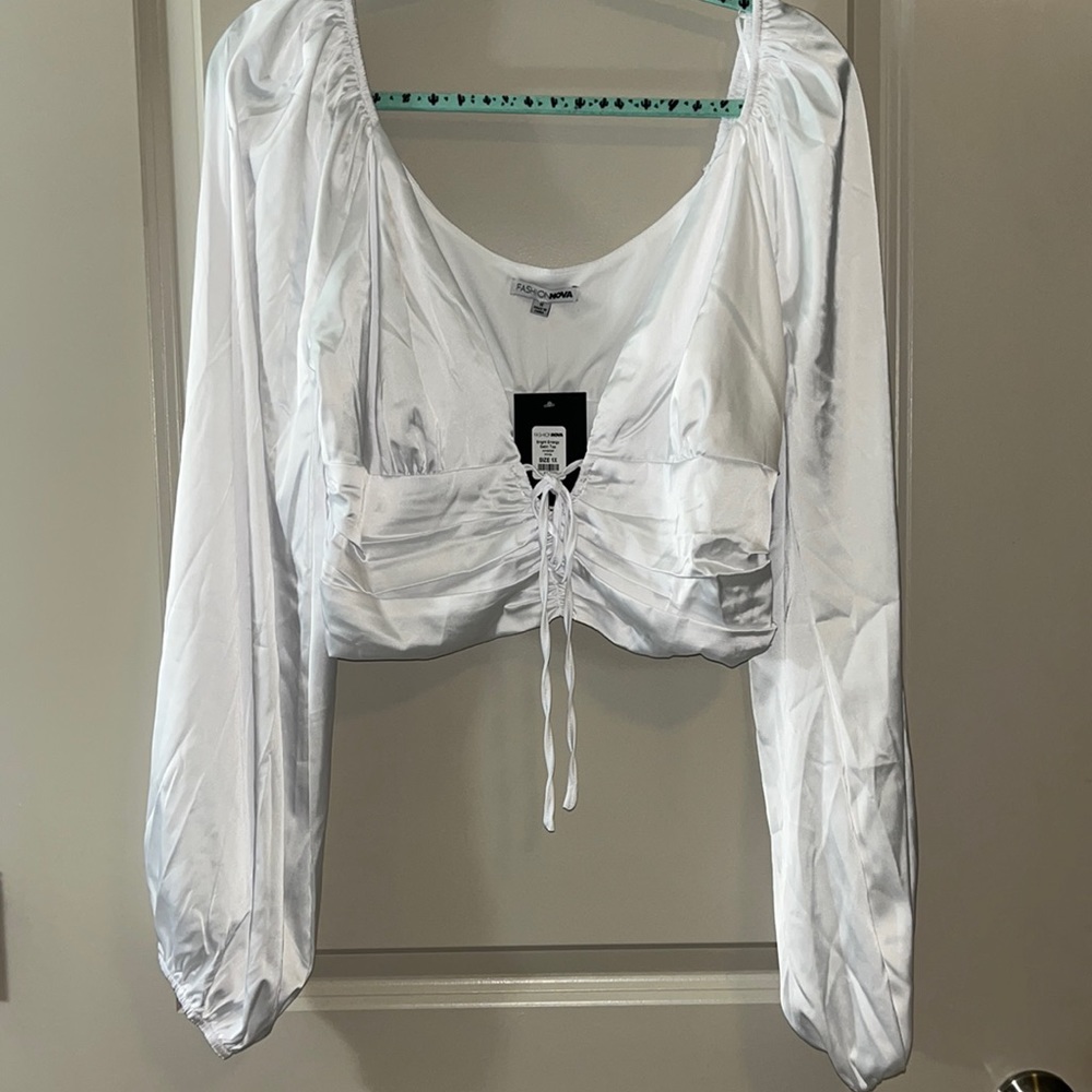 Brand new satin blouse with balloon sleeves and plunge neck cropped plus size